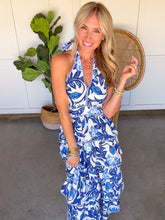 Load image into Gallery viewer, Lauren Blue Floral Halter Dress