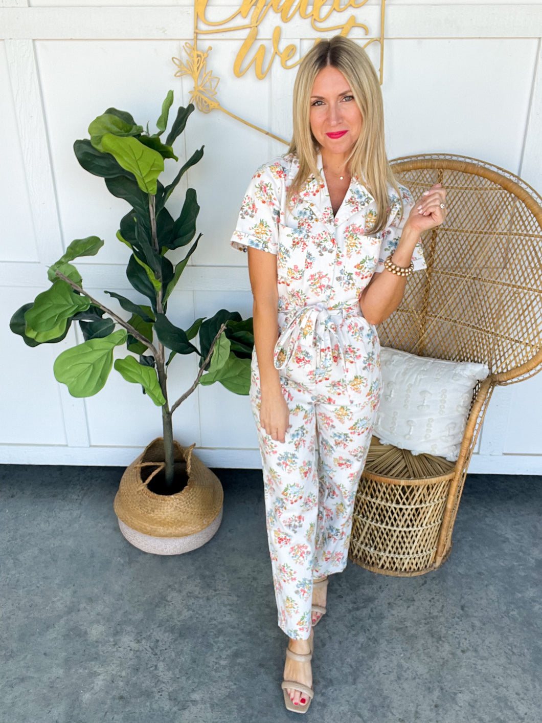 Jessica White Denim Floral Jumpsuit
