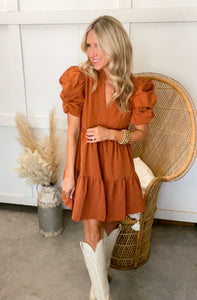 Cognac Puff Sleeve Mini Dress