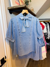 Load image into Gallery viewer, Addie Denim Mock Neck Bow Top