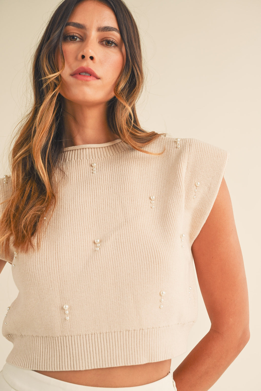 Light Taupe Embellished Pearl Top