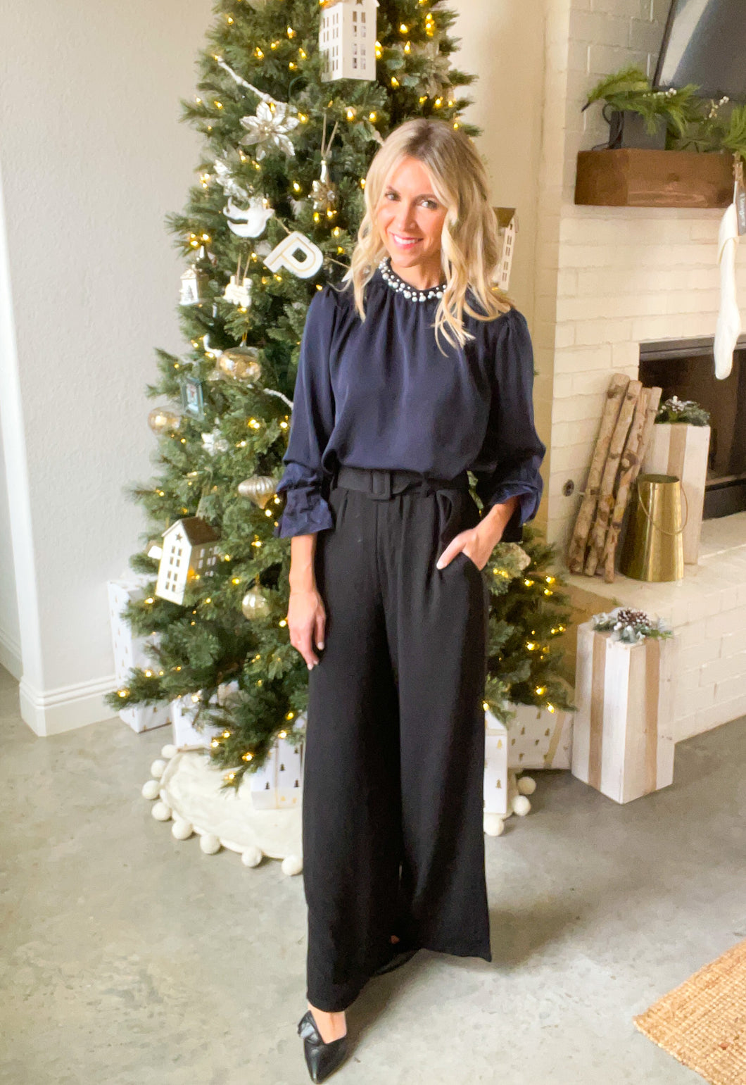Paperbag Waist Buckle Black Pant